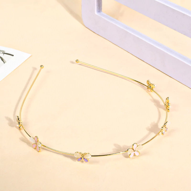 Pink Flower Metal Hair Band - Gold