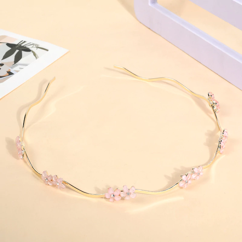 Pink Glass Flower Hair Band - Gold