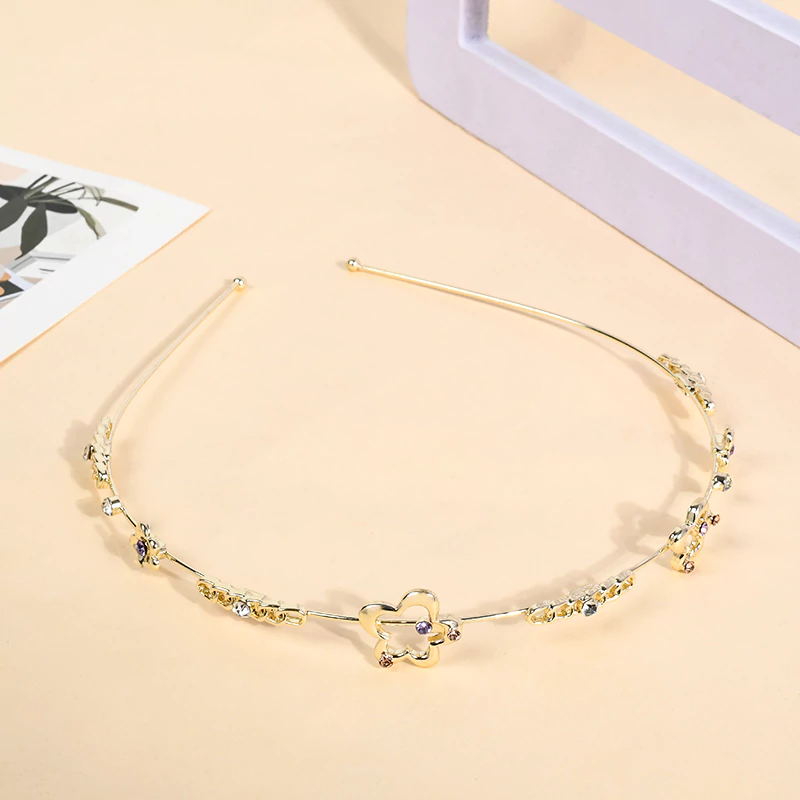 Rhinestone Flower Metal Hair Band - Gold