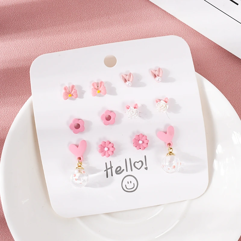 Pink Girl Stud Earrings Set 6 Pairs
