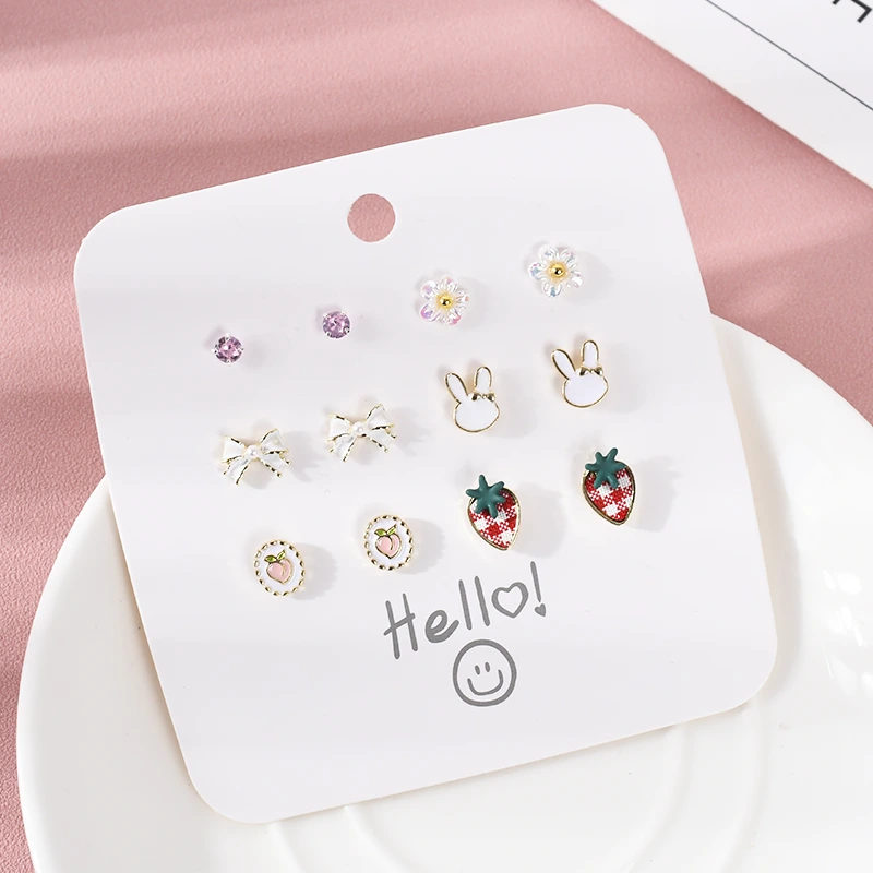 Bunny Flower Stud Earrings Set 6 Pairs
