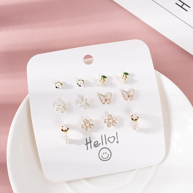 Flower Butterfly Stud Earrings Set 6 Pairs
